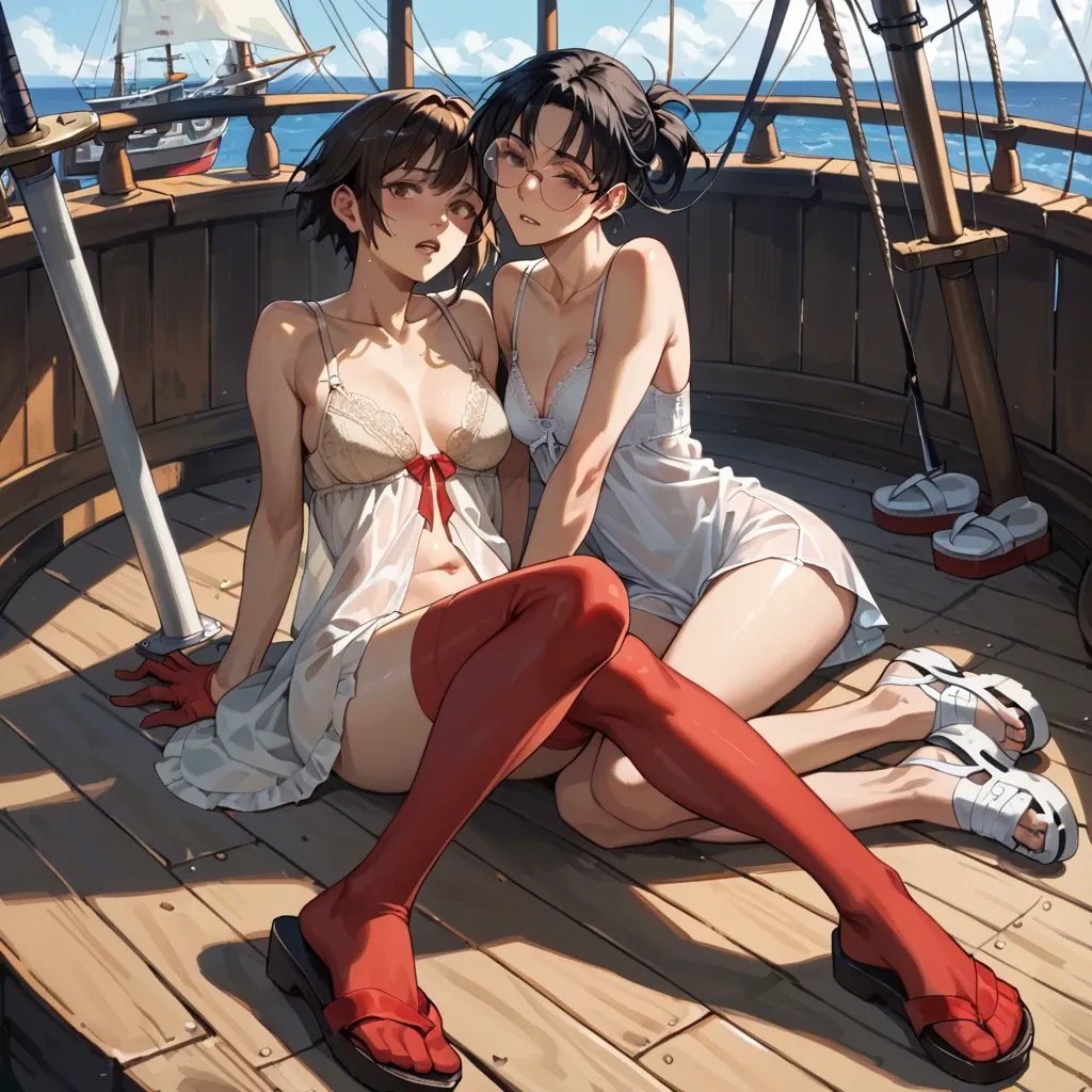 2girl, , , , megumi,ankles,round tits,ship deck,skinny abdomen, nightgown,red thighhighs,black gloves,lace bra,sneakers, white tank top,socks,opaque glasses,beige bra,sandals, couch, crowded beach, medieval dress, robot joints, cyborg girl, detailed body, sunlight, linked, anna hair