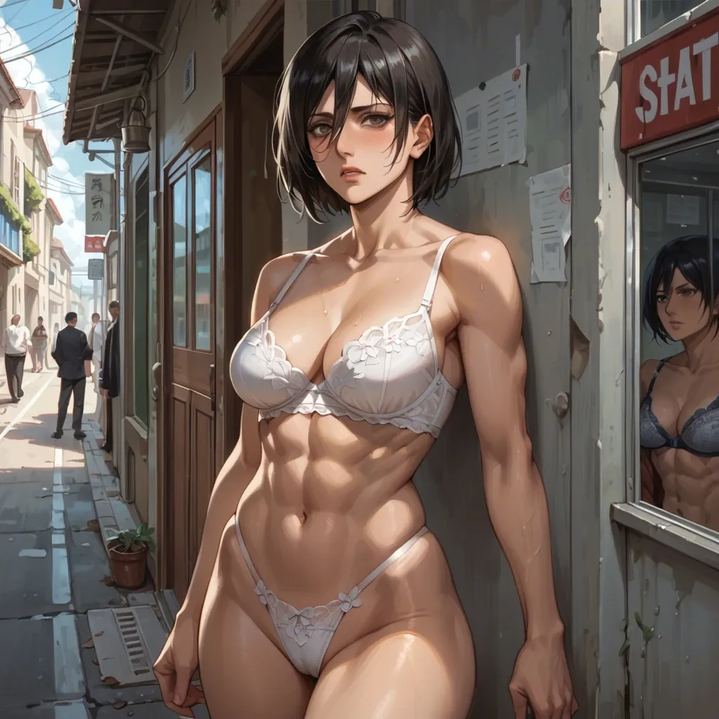 Mikasa mature woman,in the streets people watching,bra panties floral,