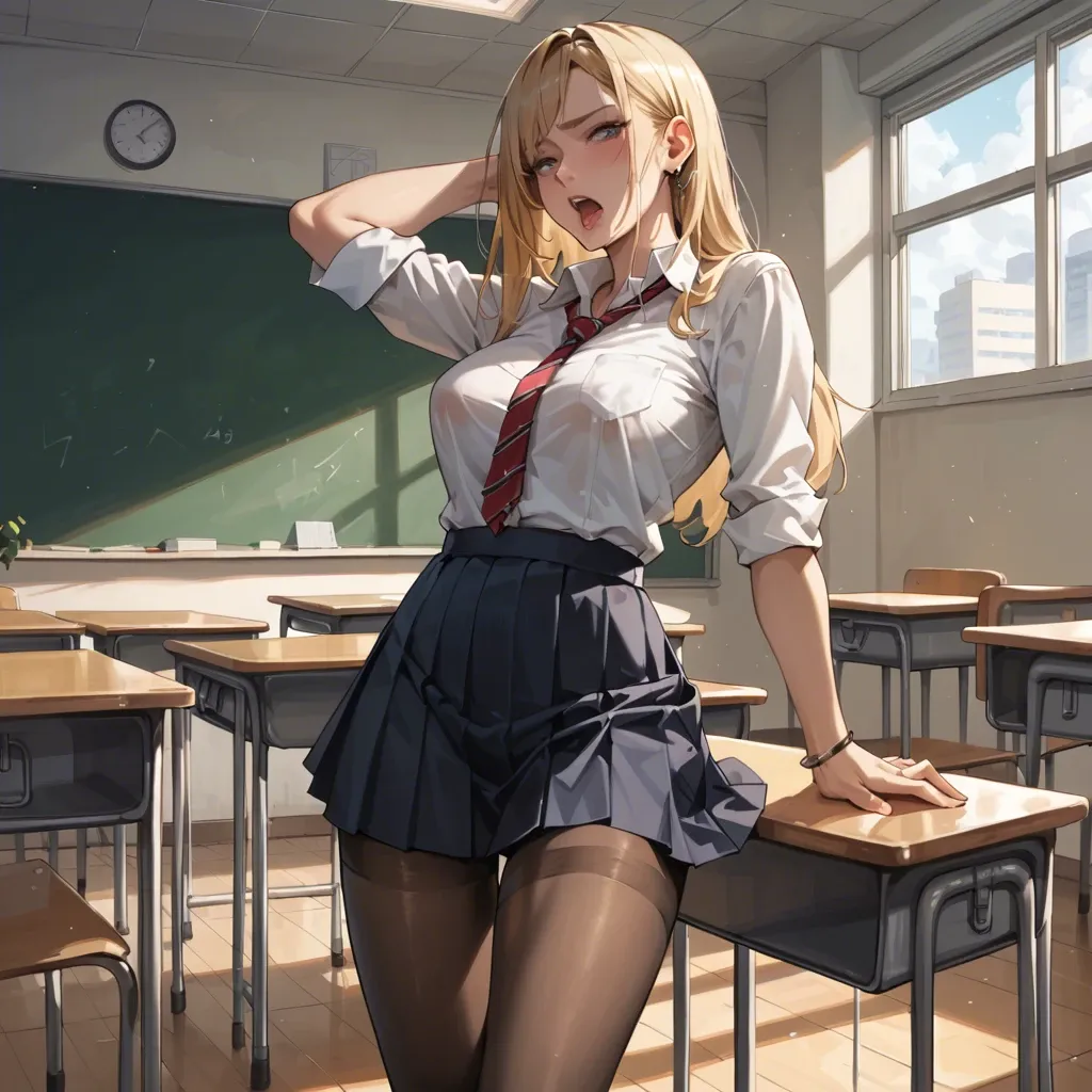 1girl, blonde, tights, shirt, tube skirt, highres,comic panache ,  school classroom,