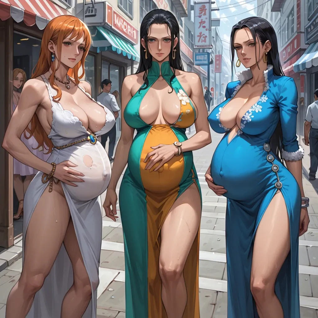 pregnant Nami, pregnant Nico robin, pregnant Boa hancock, three girls, wear dress, in street