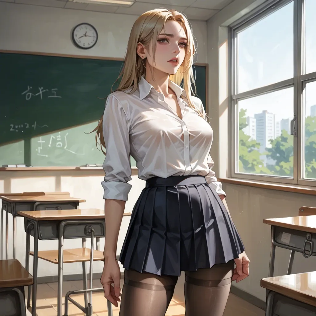 aromasensei  style panache,detailed irises,1girl, blonde, clear line, tights, shirt, tube skirt, highres ,  school classroom,