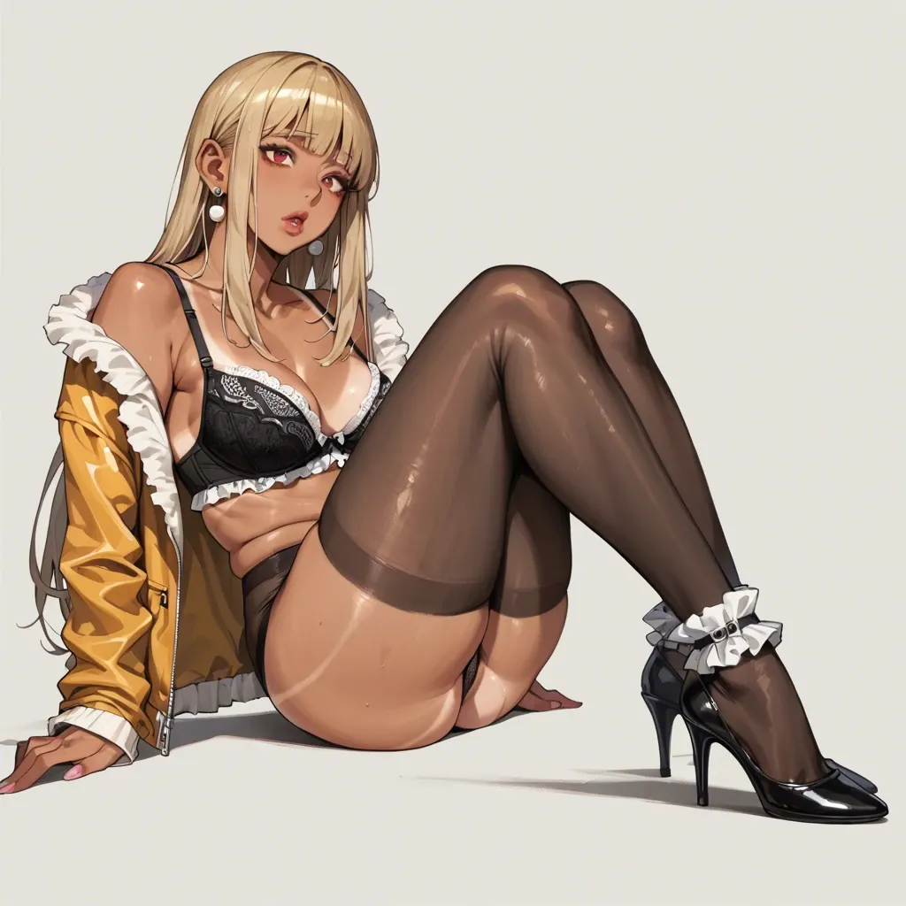 Character chichi,blonde long hair,skinny,skinny legs,straight bangs,tan lines,open jacket,black pantyhose,white Lace ruffle frilly ankle nylon sock,plump lips,black lace bra,shaped jewelry,loose bra,high heels,stiletto heels,black sneakers,freckle,large saggy breasts,hands on hips