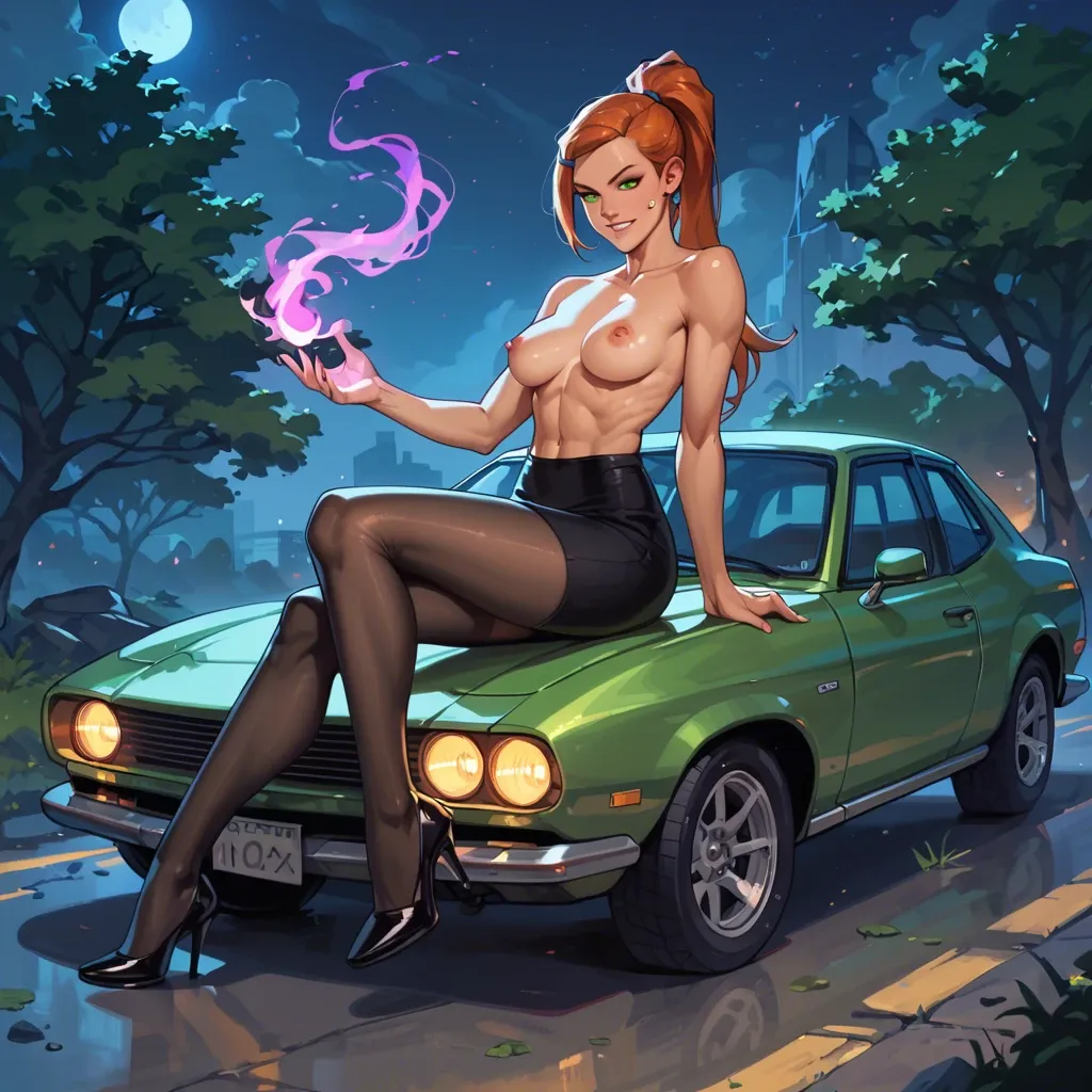 gwen tennyson from ben 10 alien force, green eyes, smiling, long ponytail, topless, black tights, black pencil skirt, black heels, purple magic, outside, sitting on hood of large green muscle car, night