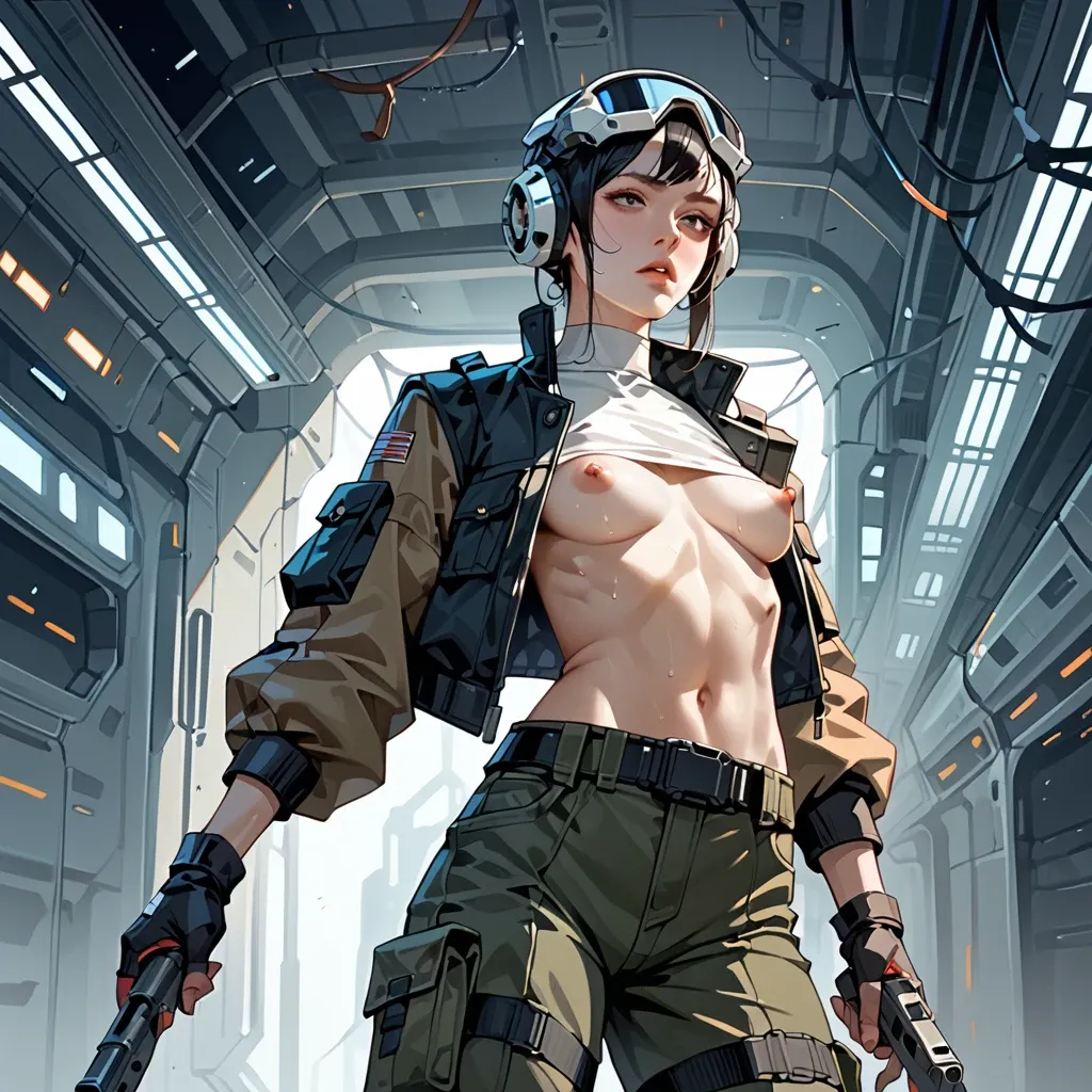 skinny chinese girl with skinny body and big tits. Her body is covered. She wears futuristic clothing: futuristic cargo pants, shirt and futuristic jacket.  Futuristic spaceship. Headgears, weapon, military west