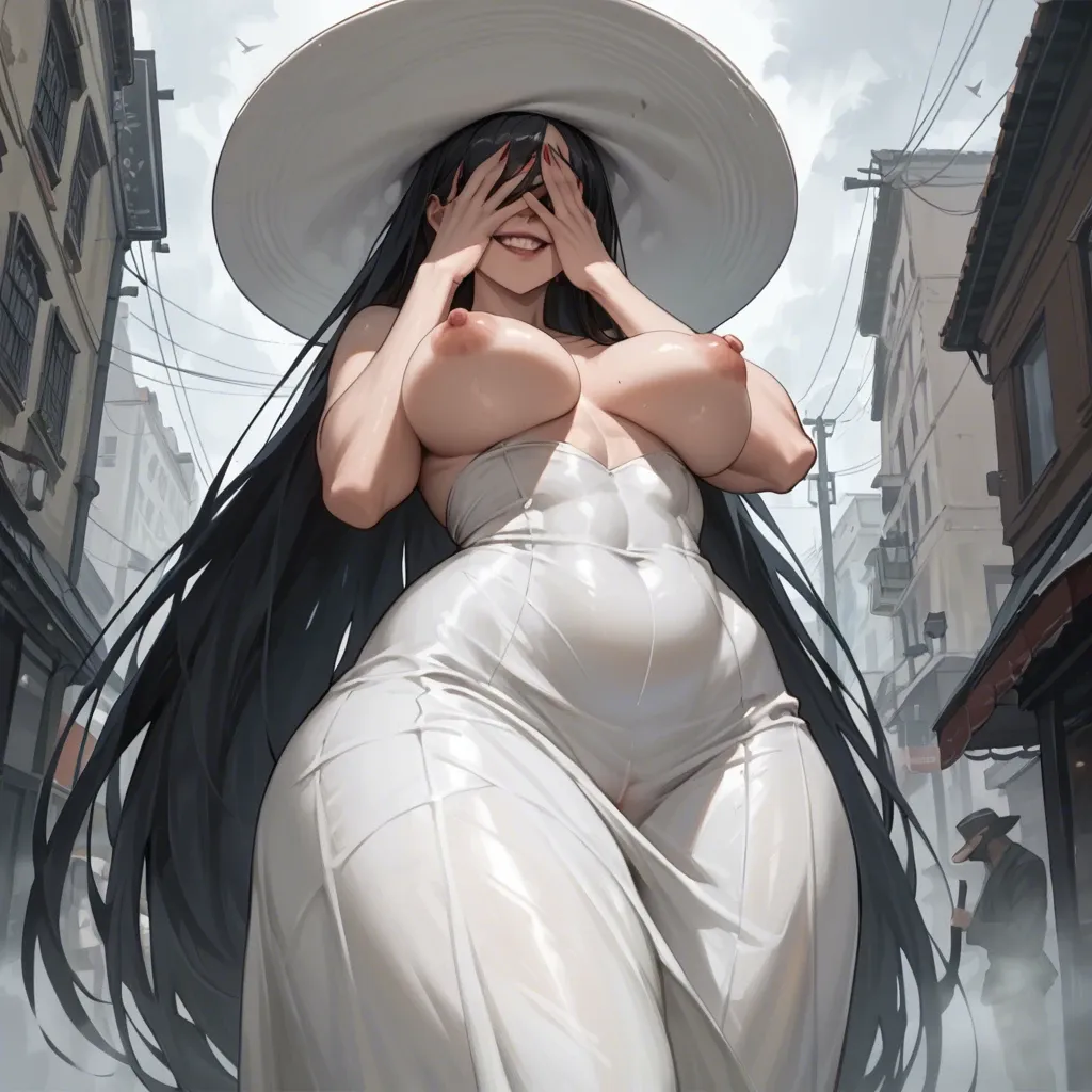 very tall woman, long white dress, big white hat covering face, extremely long dark hair, extremely enormous tits, very wide hips, dark street, fog, exposed nipples, evil smile, topless, bellow view, massive hard penis