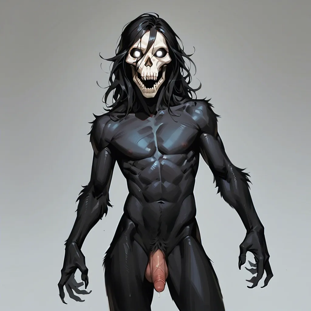 Scp 1471, Mal0, black furry, skull on face, black eyes, glowing white pupils. Standing naked