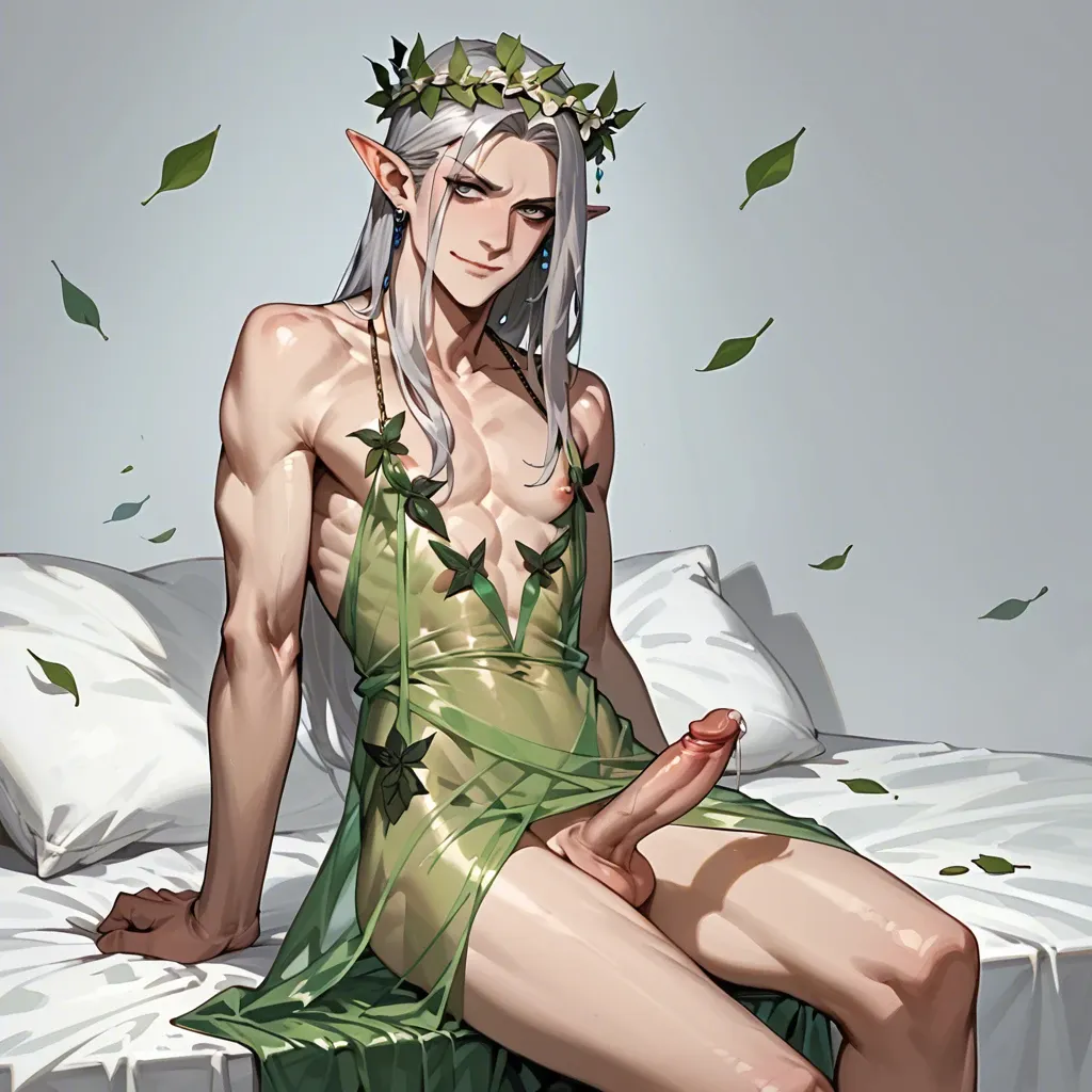 Male, solo, elf, femboy, penis focus, transparent dress, leaf crown, prince, tall, dominant, silver hair, smirking, staring,  precum, opulent bed