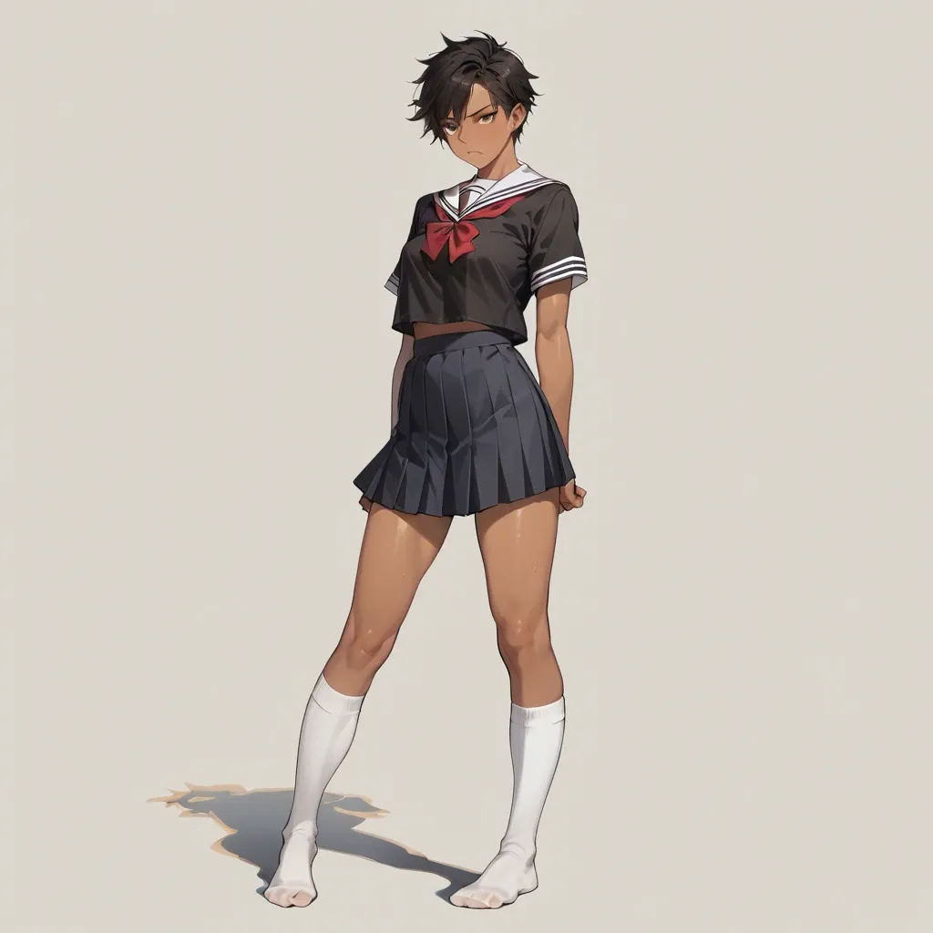 Girl , tomboy, tan ,socks, school uniform, no shoes, black skirt, black shirt, standing, dressed