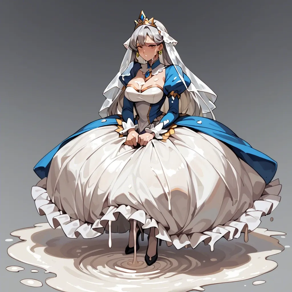 ADULT anime 2D drawing cartoon princess woman, in a puffy long colored princess dress, dress is covered in thick goopy slightly transparent milk. A huge puddle of slightly transparent milk is underneath her. Her eyes are shut. Milk is dripping everywhere. Princess is in pure bliss. on a bed with a colored blanket. Milk is squirting in front of her onto her and or on(to) her dress, as if being shot out of an off screen squirt gun.