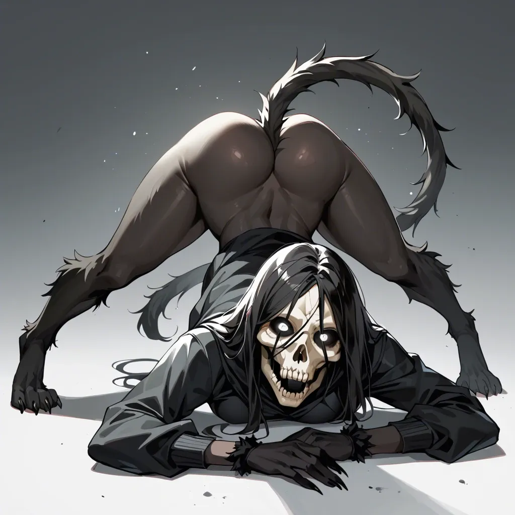 Anime style, Female Scp 1471, Mal0, black furry, lots of fur, skull on face, black eyes, glowing white pupils. Doing jack-o-pose from behind, very very big boobs and ass