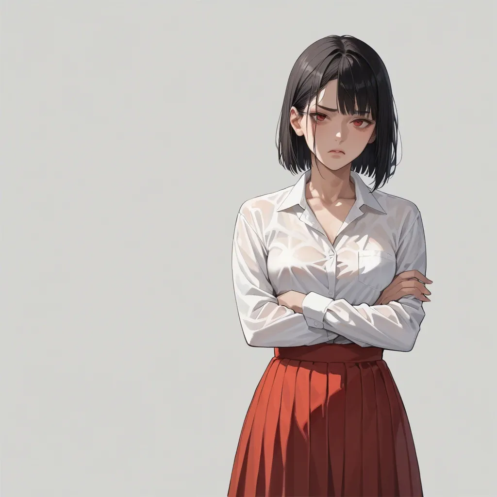 1girl, (Character jabami umeko from Kakegurui), dark hair, red eyes, in skirt and shirt, standing, arms crossed, front view