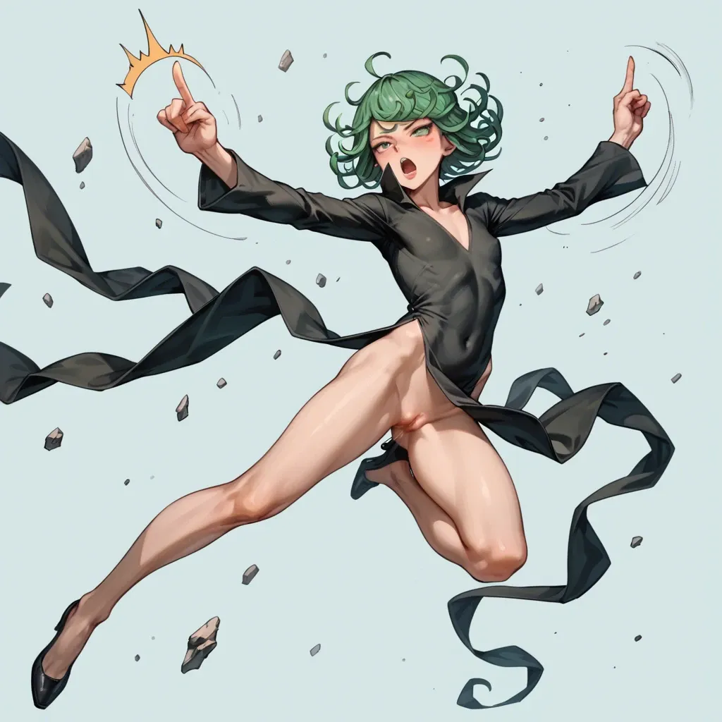 1girl, solo, , , , character tatsumaki,  (very skinny: 1,1), in black dress with long sleeve, perfect hands, (riases index finger up), floating in the air, manga effects, motion lines