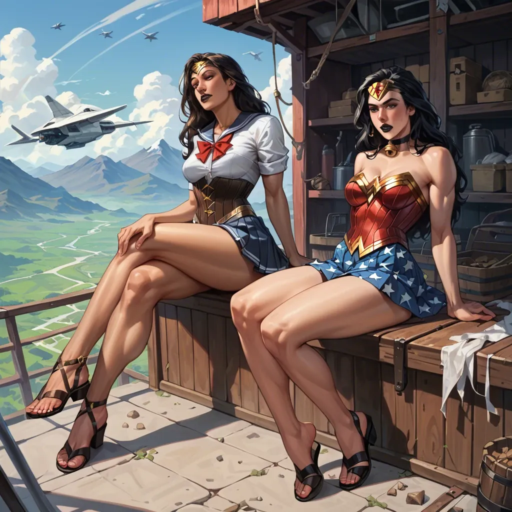 2girl, , , , dark lipstick,hooves feet,big tits,barn background,broad shoulders, school uniform,striped clothes,bell choker,corset piercing,strappy sandals, bare arms, mountain, spaceship, wonder woman