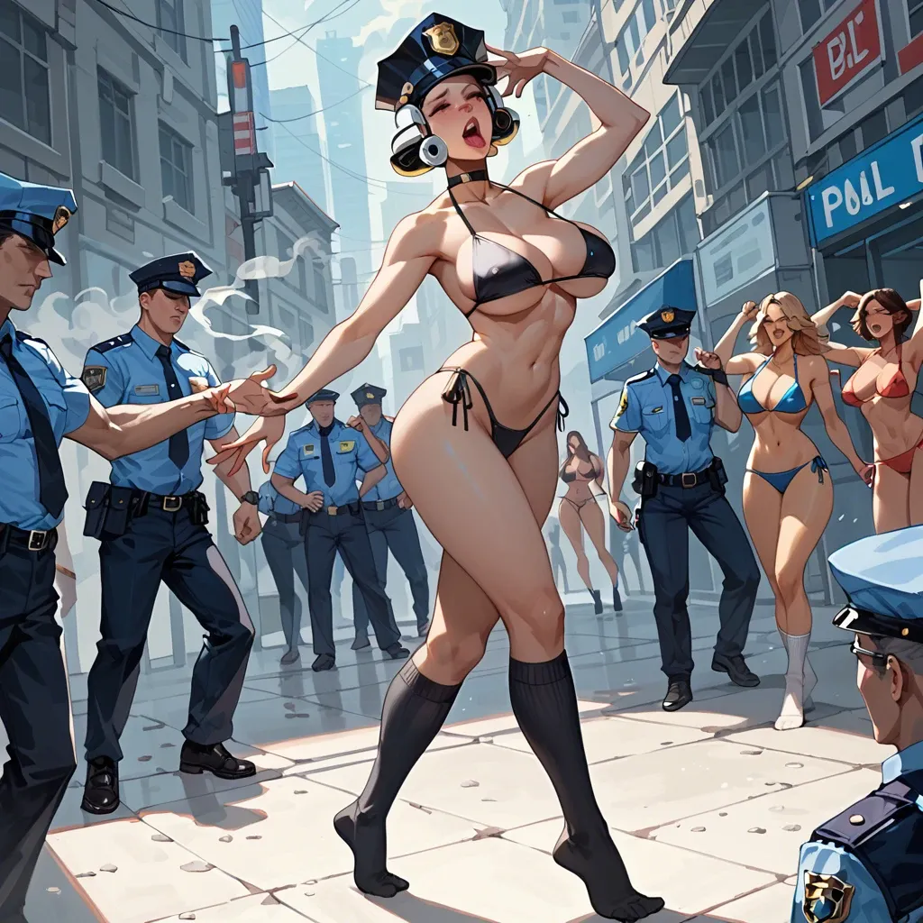 Robot policewoman, tall, bikini, long socks, dancing, ahegao, smoke around head, beautiful, big breast, in public, smoke around head, Robot police girl, tall, bikini, long socks, dancing, smoke around head, beautiful, big breast, in public, smoke around head, empty eyes, expressionless, ahegao, Barefoot, grabbing hair, open eyes, black eyes,  long hair, standing blowjob