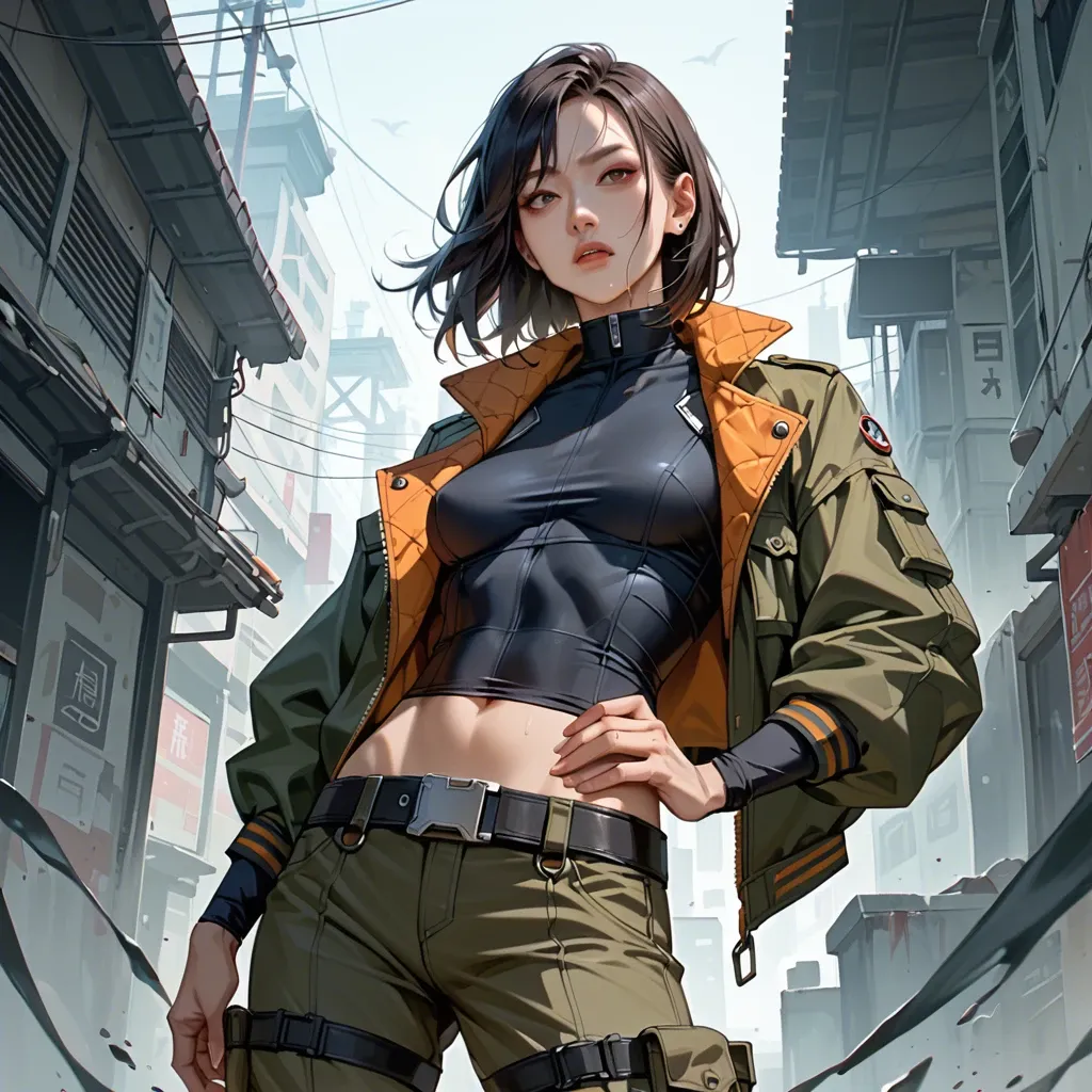 asian, chinese, medium hair, sci-fi character, cargo pants with belt, bomber jacket, shirt, covered body, slim, skinny, big tits, bodysuit, sci-fi setting