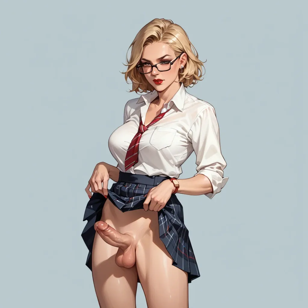 Futanari young cute sweet innocent Teeny blonde school Girl, big glasses, Red lips, Lifting skirt