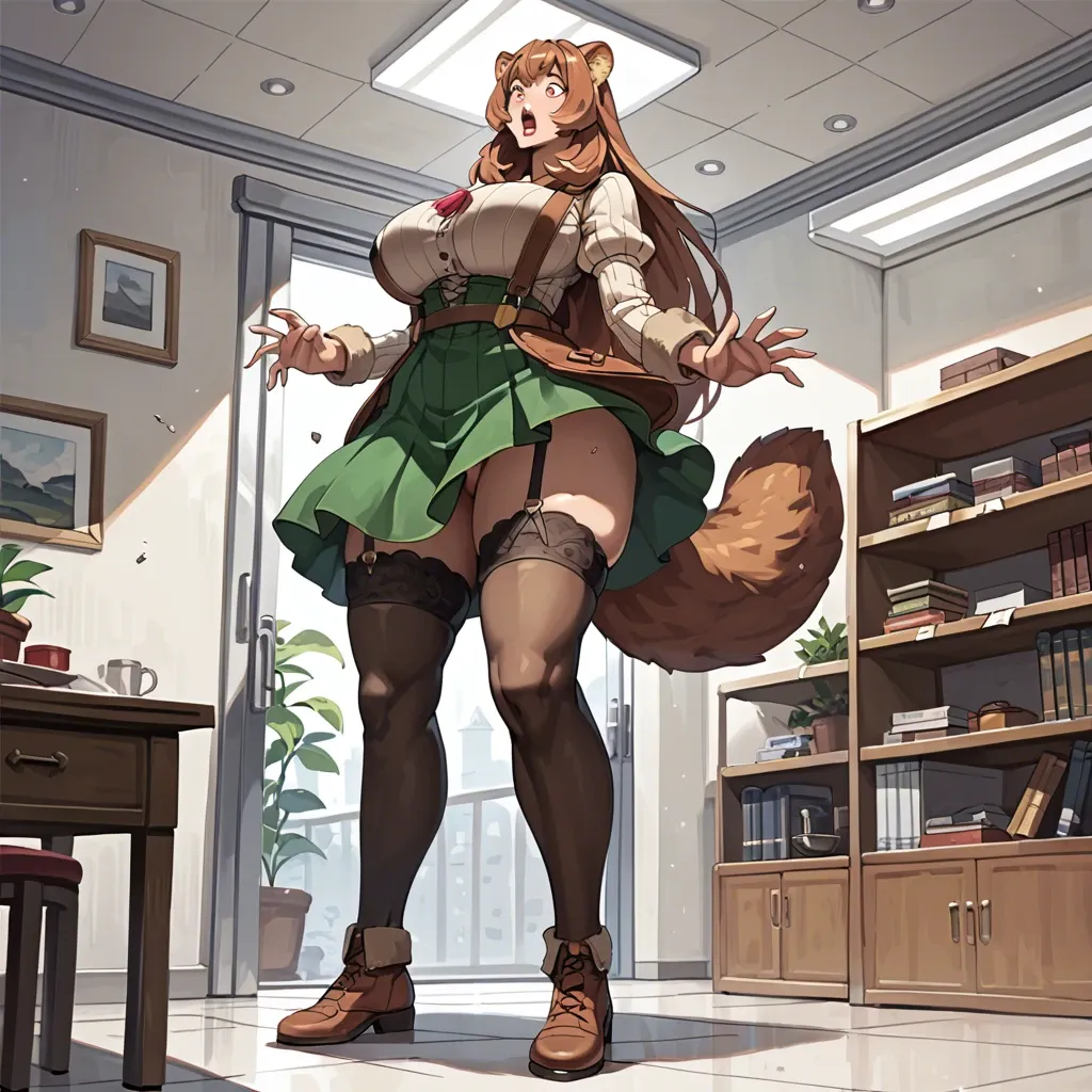 Raphtalia, giga giantess, giantess growth, growing, bigger female, larger female, giant woman, huge woman, room filling, unwilling growth, barely clothed, wardrobe malfunction, shocked, surprised, full body