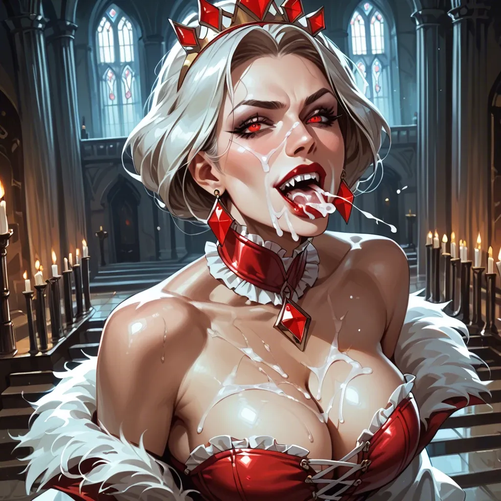 Hot milf vampire in castle, tight corset, bukkake mouth, cleavage, naughty face, glow red eyes