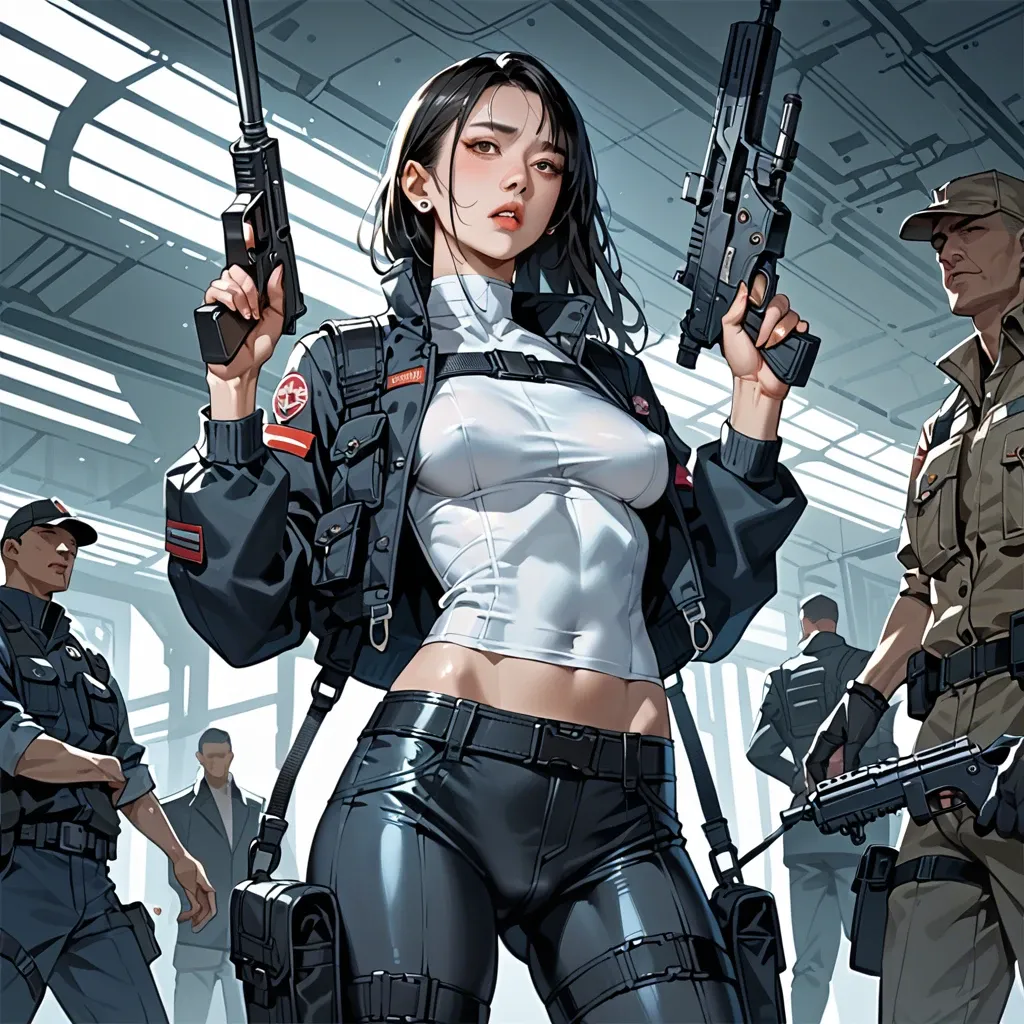 skinny asian chinese girl with skinny body and big tits. covered upper-body. She wears futuristic clothing: futuristic cargo pants, undershirt, bodysuit and futuristic jacket.  Futuristic spaceship. Headgears, submachine gun, military vest, belts