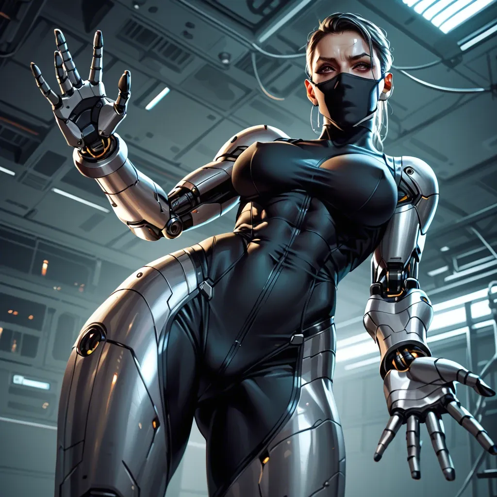 cyborg girl, robotic hands, robotic legs, fit body, robotic face mask, metallic tight bodysuit, better details, better quality, high-quality details, high quality, 4k, more resolution