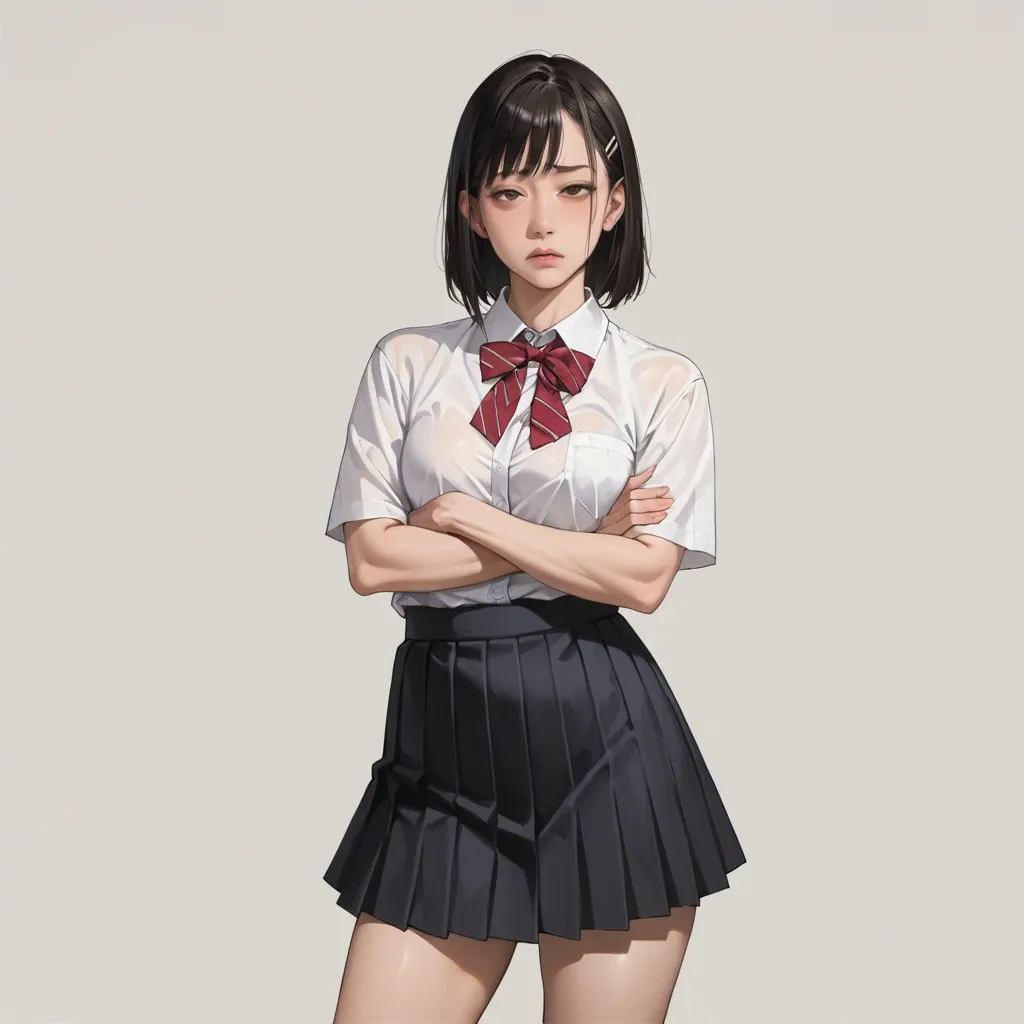 1girl, (Character jabami umeko from Kakegurui), in skirt and shirt, standing, arms crossed, front view