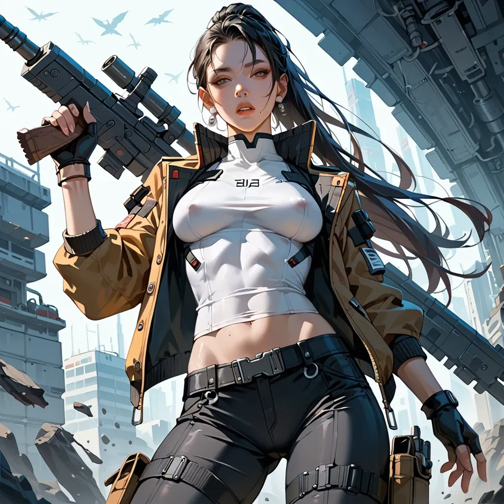 skinny asian chinese girl with skinny body and big tits. covered upper-body. She wears futuristic clothing: futuristic cargo pants, undershirt, bodysuit and futuristic jacket.  Futuristic spaceship. Headgears, weapon, military west, belts