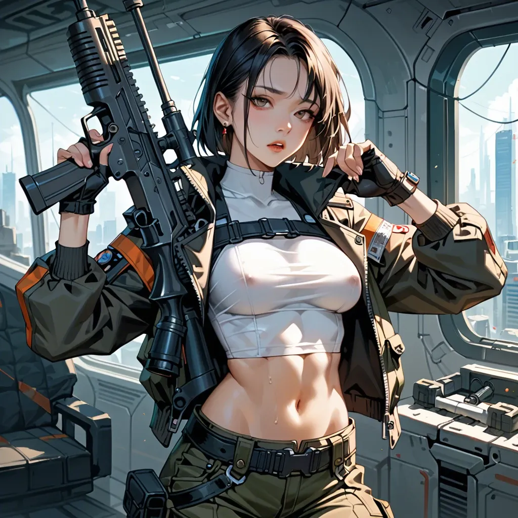 skinny asian chinese girl with skinny body and big tits. covered upper-body. She wears futuristic clothing: futuristic cargo pants, undershirt, bodysuit and futuristic jacket.  Futuristic spaceship. Headgears, submachine gun, military vest, belts