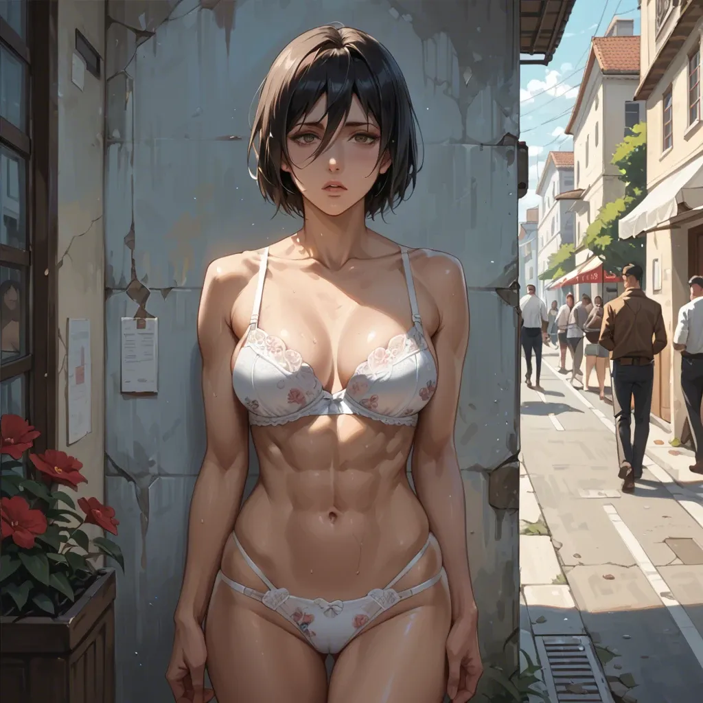 Mikasa mature woman,in the streets people watching,bra panties floral,