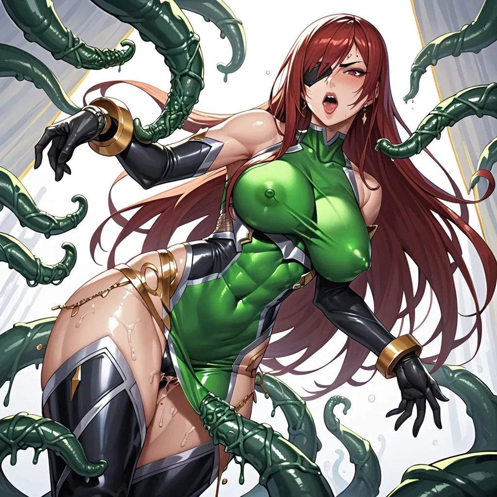 Girl, green taimanin Tight tunic, Erza Scarlet, penetrated by big gold tentacles, gold lines on body, onahola, amputated limbs, without a limbs, tight slime background, huge body, Dancing prostitute, gold tentacles, green taimanin suit, over cums on latex oiled skin,