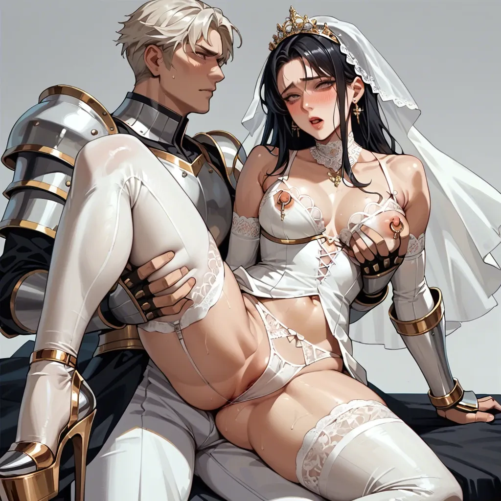 1girl,1boy, , , , cute nose,heavy blushing,nipple rings,pec grab,neck, crossdressing,lace choker,white veil,panties aside,platform heels, white pants,thighhighs,gold tiara,sexy lingerie,armored boots, office dress, spaceship, android 18, spider-gwen, waifu, anal sex, dick inside anal