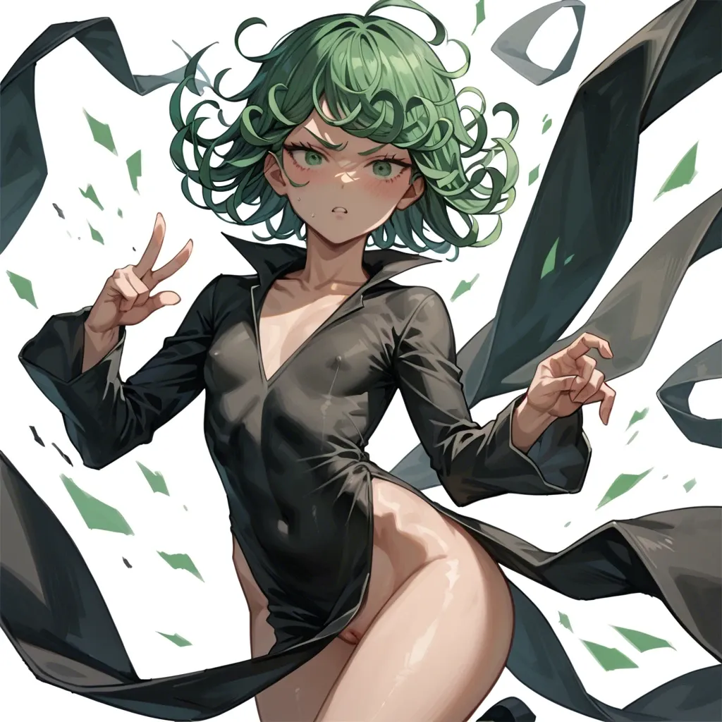 1girl, solo, , , , character tatsumaki, (perfect face), (beautiful green eyes), (very skinny: 1,1), in black dress with long sleeve,( riases index finger up), floating in the air, manga effects, motion lines