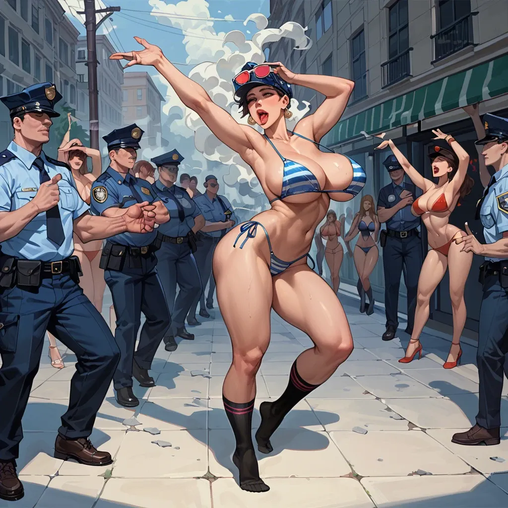 Criminal, woman, tall, bikini, long socks, dancing, ahegao, smoke around head, beautiful, big breast, in public, smoke around head, Robot police girl, tall, bikini, long socks, dancing, smoke around head, beautiful, big breast, in public, smoke around head, empty eyes, expressionless, ahegao, Barefoot, grabbing hair, open eyes, black eyes,  long hair, bent over