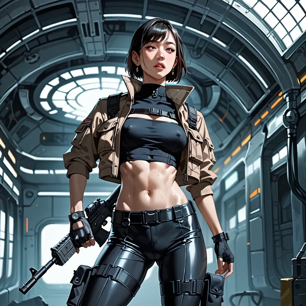 skinny asian chinese girl with skinny body and big tits. covered upper-body. She wears futuristic clothing: futuristic cargo pants, undershirt, bodysuit and futuristic jacket.  Futuristic spaceship. Headgears, submachine gun, military vest, belts