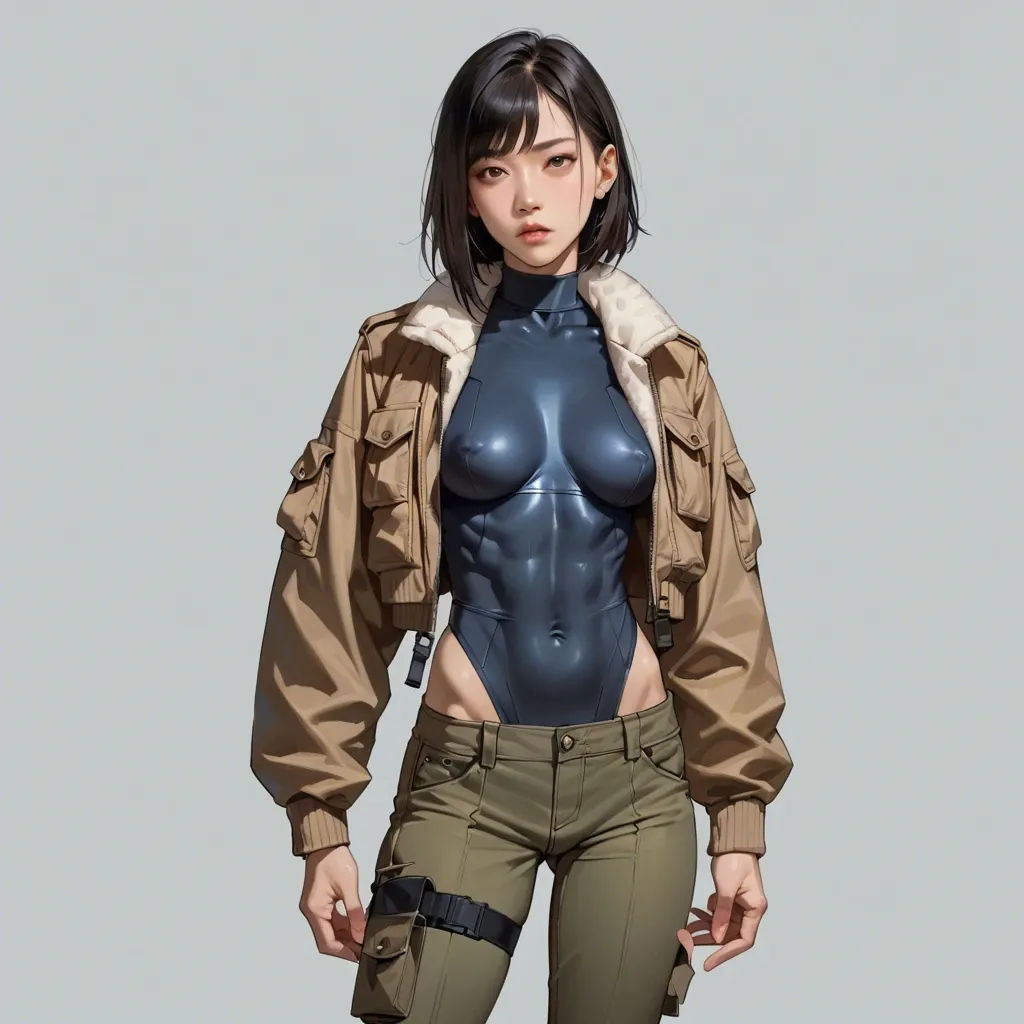 asian, chinese, medium hair, sci-fi pilot, cargo pants, bomber jacket, shirt, covered body, slim, skinny, big tits, bodysuit, sci-fi setting