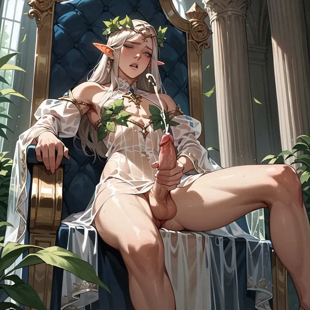 Male, solo, elf, femboy, penis, transparent dress, leaf crown, prince, tall, dominant, cumming, masturbating, throne, from below