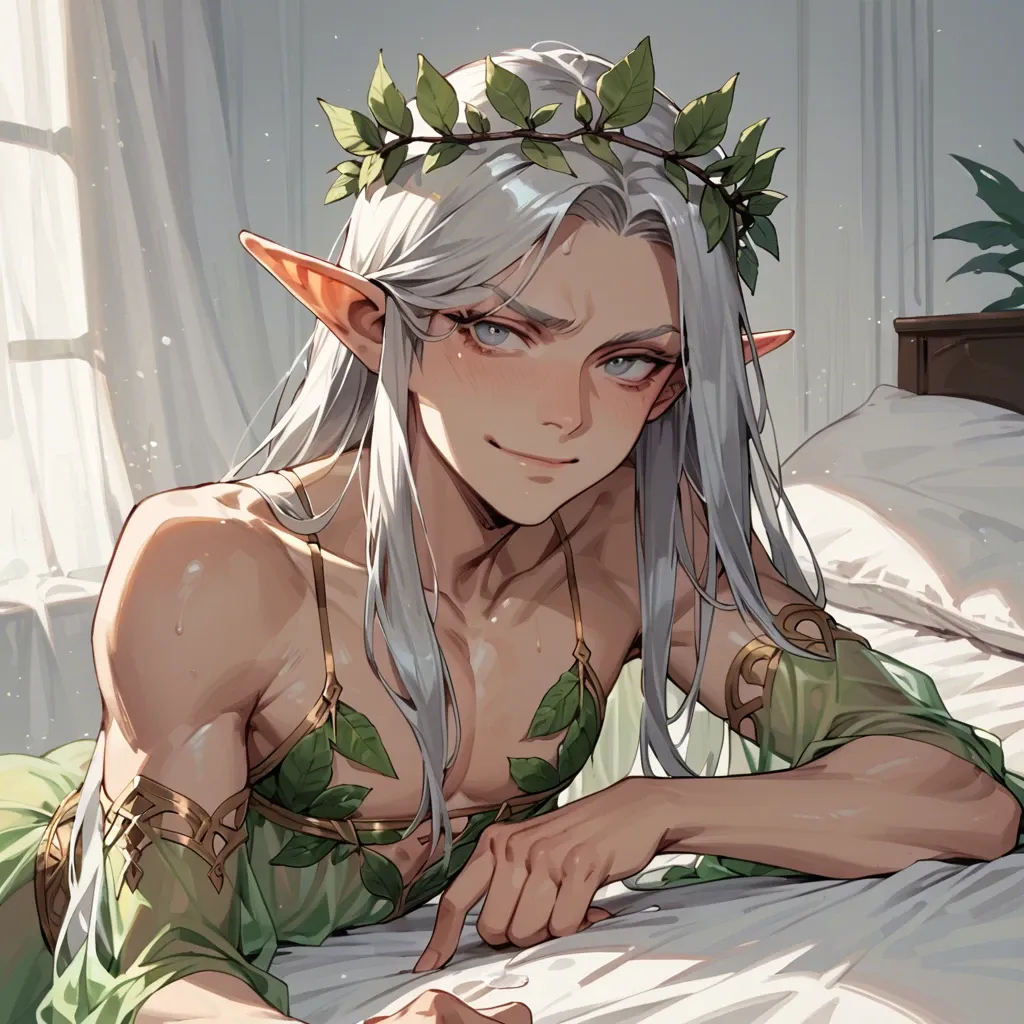 Male, solo, elf, femboy, penis focus, transparent dress, leaf crown, prince, tall, dominant, silver hair, smirking, staring,  precum, bed, POV cuddling