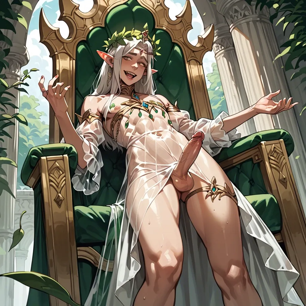 Male, solo, elf, femboy, penis, transparent dress, leaf crown, prince, tall, dominant, happy, throne, from below