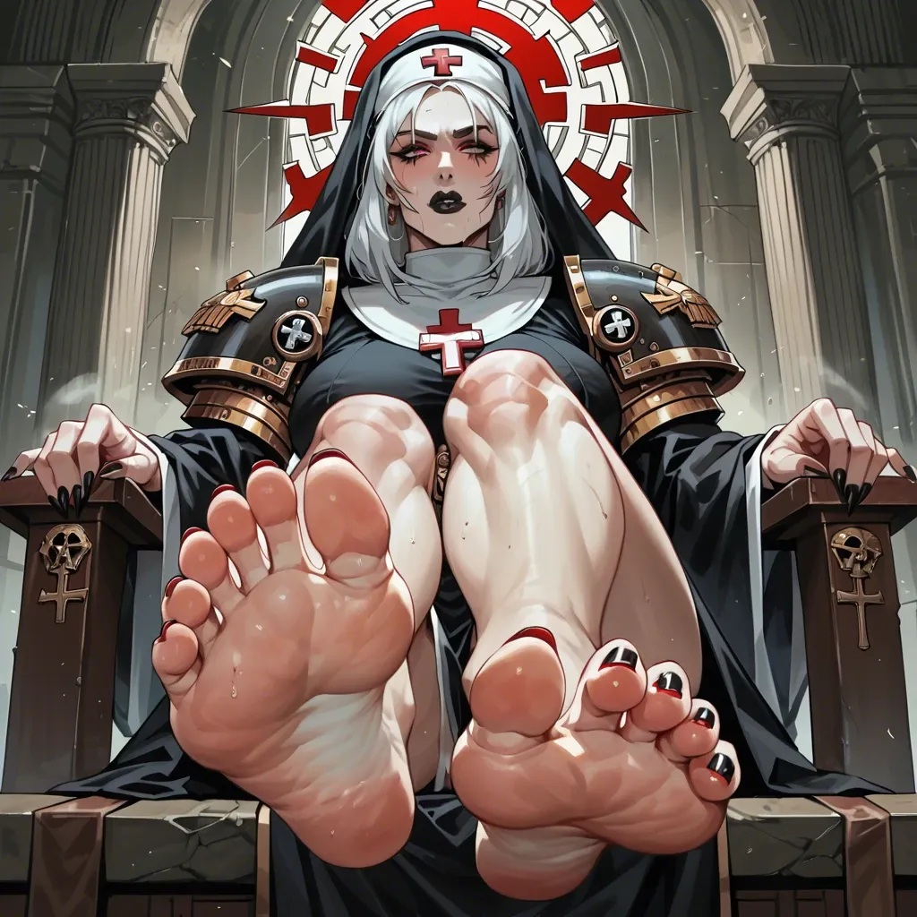 Warhammer 40k. Female spacemarine medic. Red nun veil. White hair. Black lips. Sharp toe nail, long toe nails. Clawed toes.   Heavy armor. Sitting on altar, presenting feet. Foot smell, foot focus. Muscular woman.