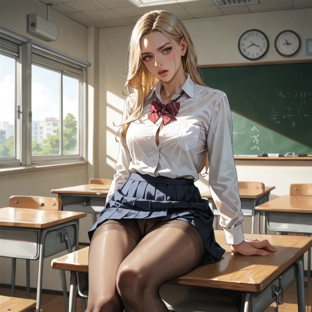 Comic style panache,detailed irises,1girl, blonde, clear line, tights, shirt, tube skirt, highres ,  school classroom,