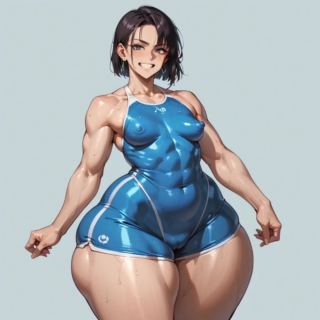 xyroni, rin kaenbyou, smile, leotard, swim trunks, mini breasts, huge nipple bulge, huge hips, puffy thighs, huge thighs