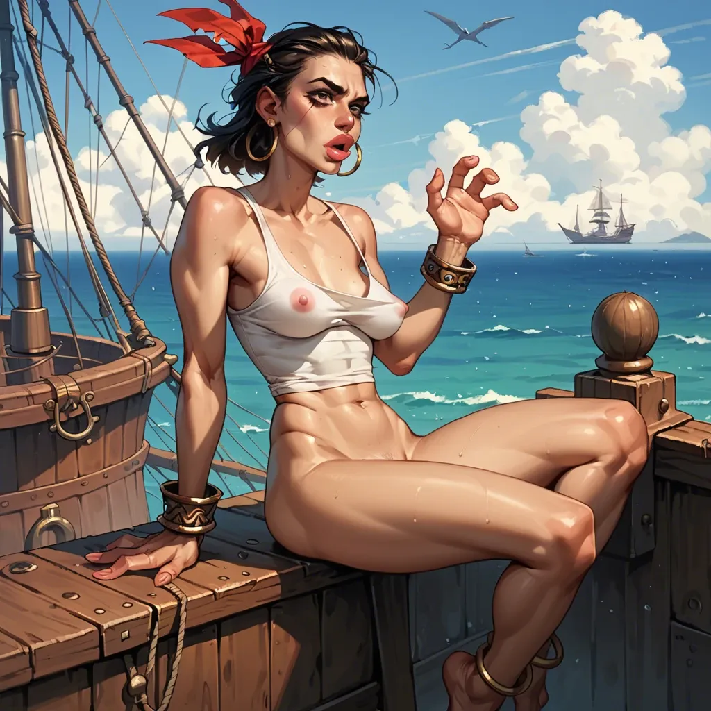 1girl,solo, , , , big lips,4 fingers,pink nipples,medium stomach,neck, dimples,legs together,saggy breast,from waist up,tank top, asymmetry eyes,anklets,nipple bulge,pirate ship,deepthroat sex, torn dress,egyptian palace,headband,blue bra,boots, barbara, subway, jasmine, dynamic pov