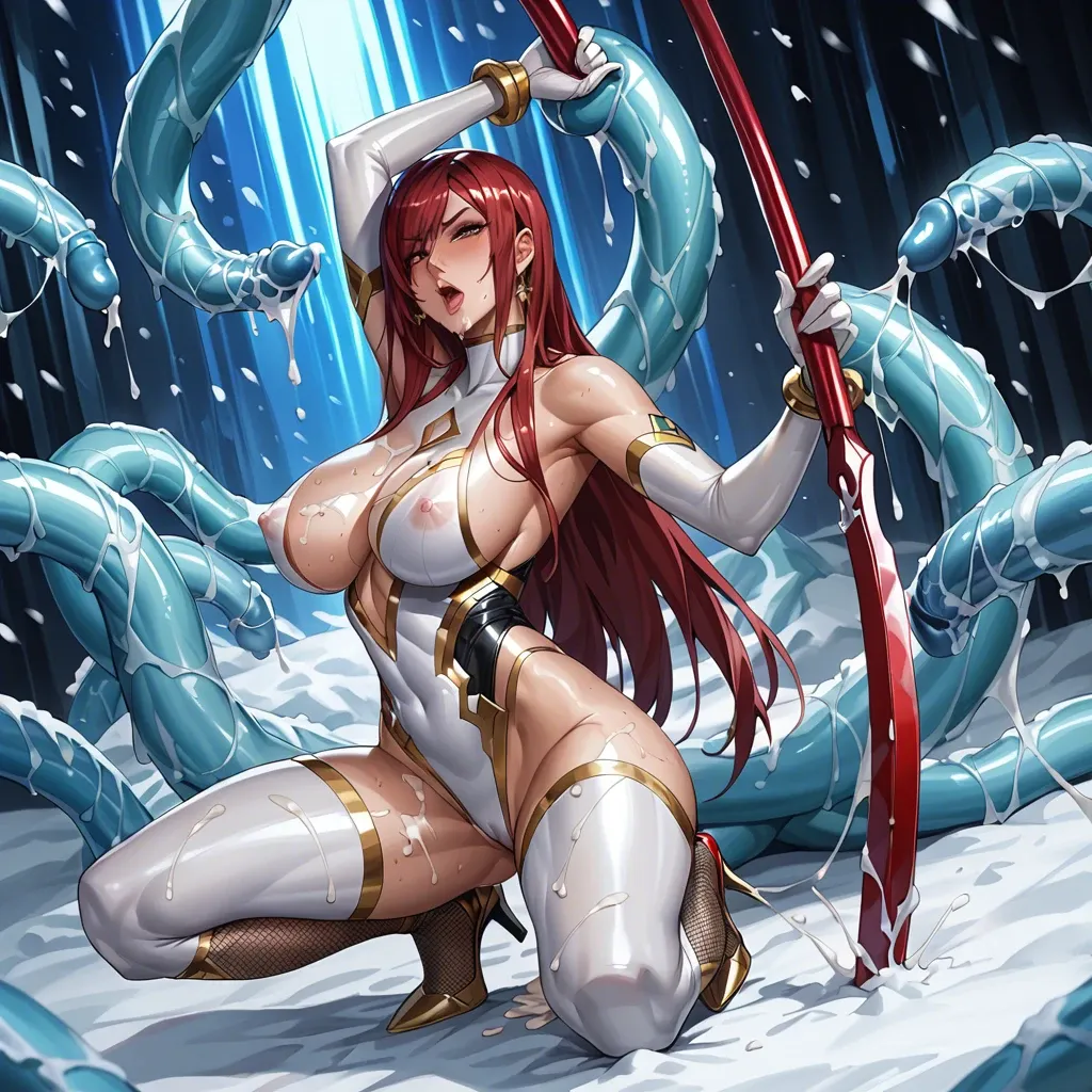 Red taimanin tight tunic, black taned limbs, many gold lines on body, sex with ice snow tentacles, high heels, cute face, many cum background, Erza Scarlet, neon gold lines on body, Huge body, Dancing prostitute, white navel, crystal in the navel,  navel with piersing, navel with crystal