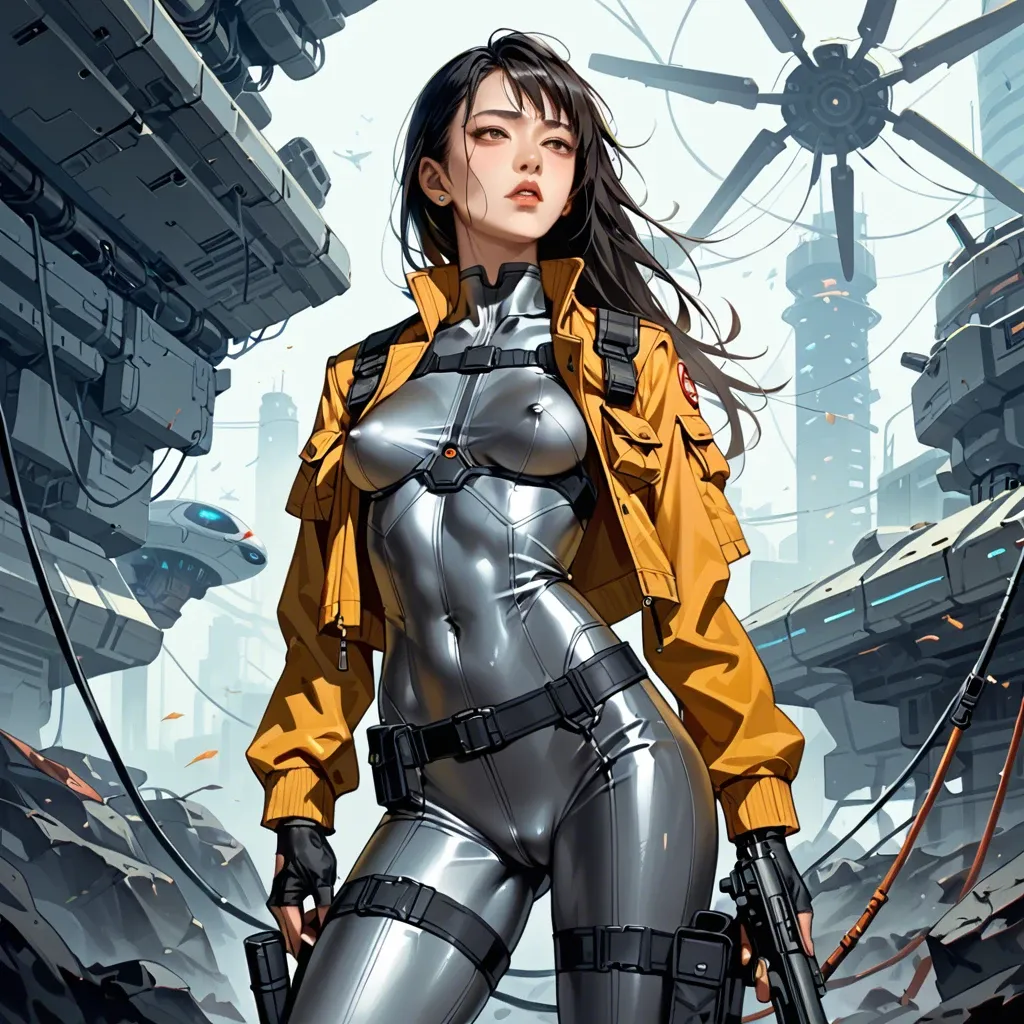 skinny asian chinese girl with skinny body and big tits. covered upper-body. She wears futuristic clothing: futuristic cargo pants, undershirt, bodysuit and futuristic jacket.  Futuristic spaceship. Headgears, submachine gun, military vest, belts