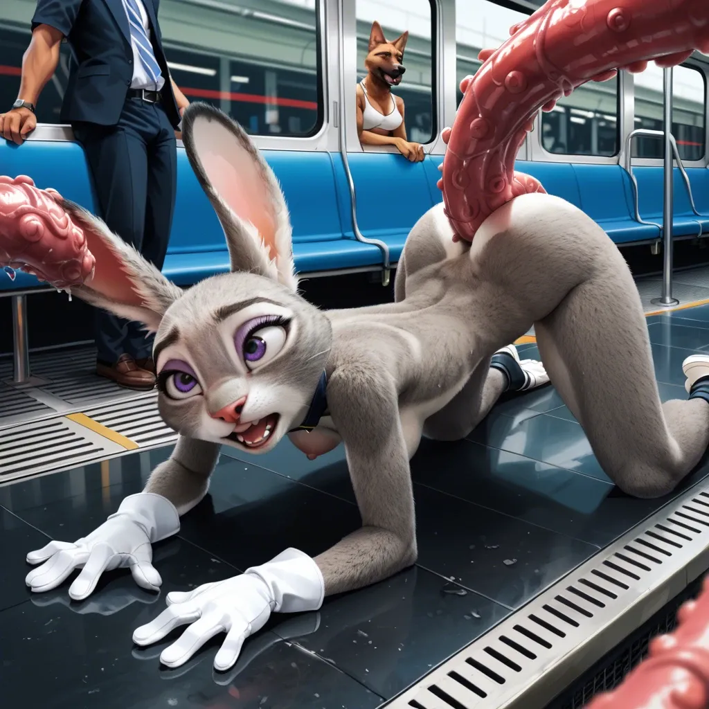 Judie Hopps, anal, public transport, tentacle, girls watching, white gloves, on all fours, fucked by dog, doggy, furry