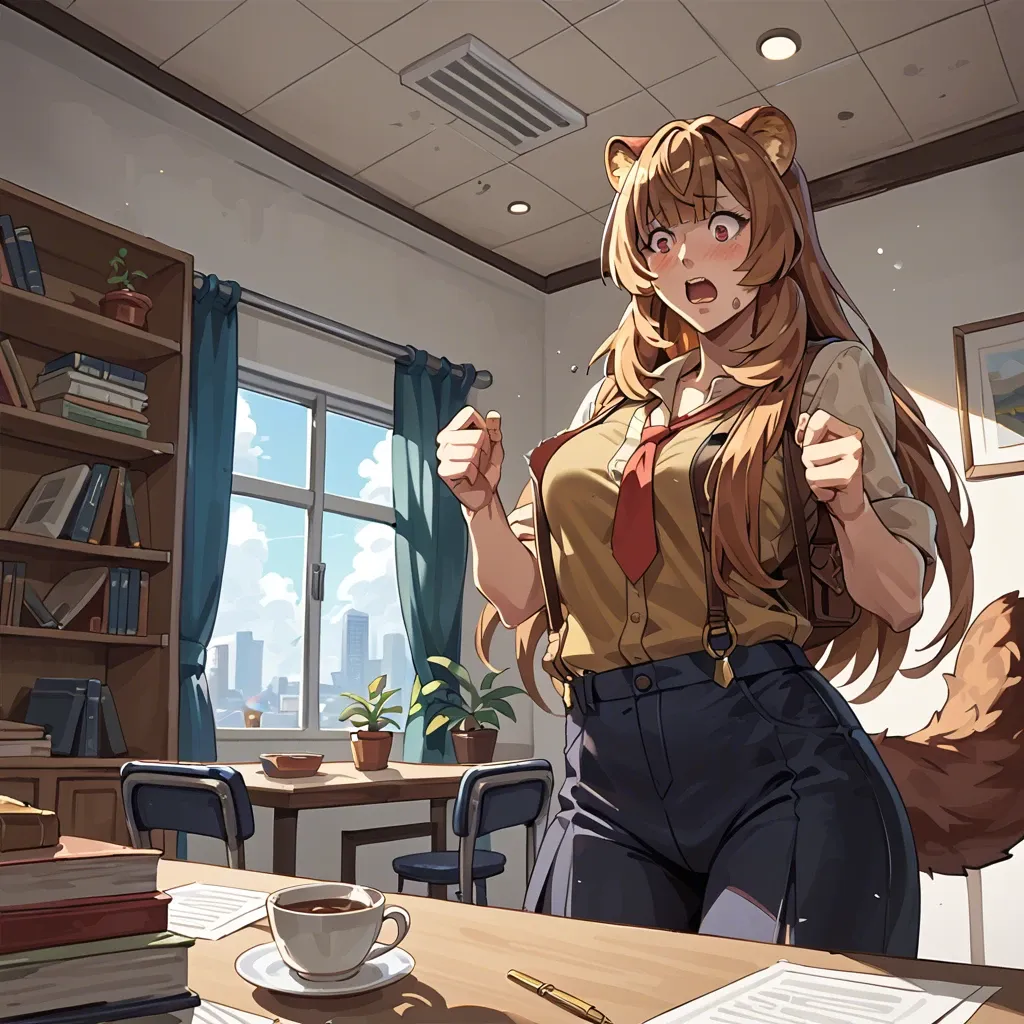 Raphtalia, giantess, room filling, unwilling growth, barely clothed, wardrobe malfunction, shocked, surprised