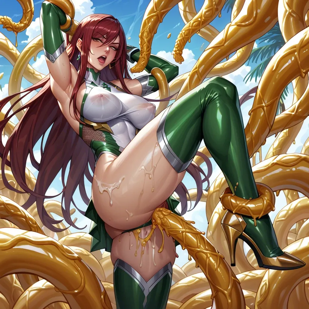 Girl, green taimanin Tight tunic, Erza Scarlet, penetrated by big gold tentacles, gold lines on body, High heels, tight slime background, huge body, Dancing prostitute, gold tentacles, green taimanin suit, over cums on latex oiled skin, transformation into onahole