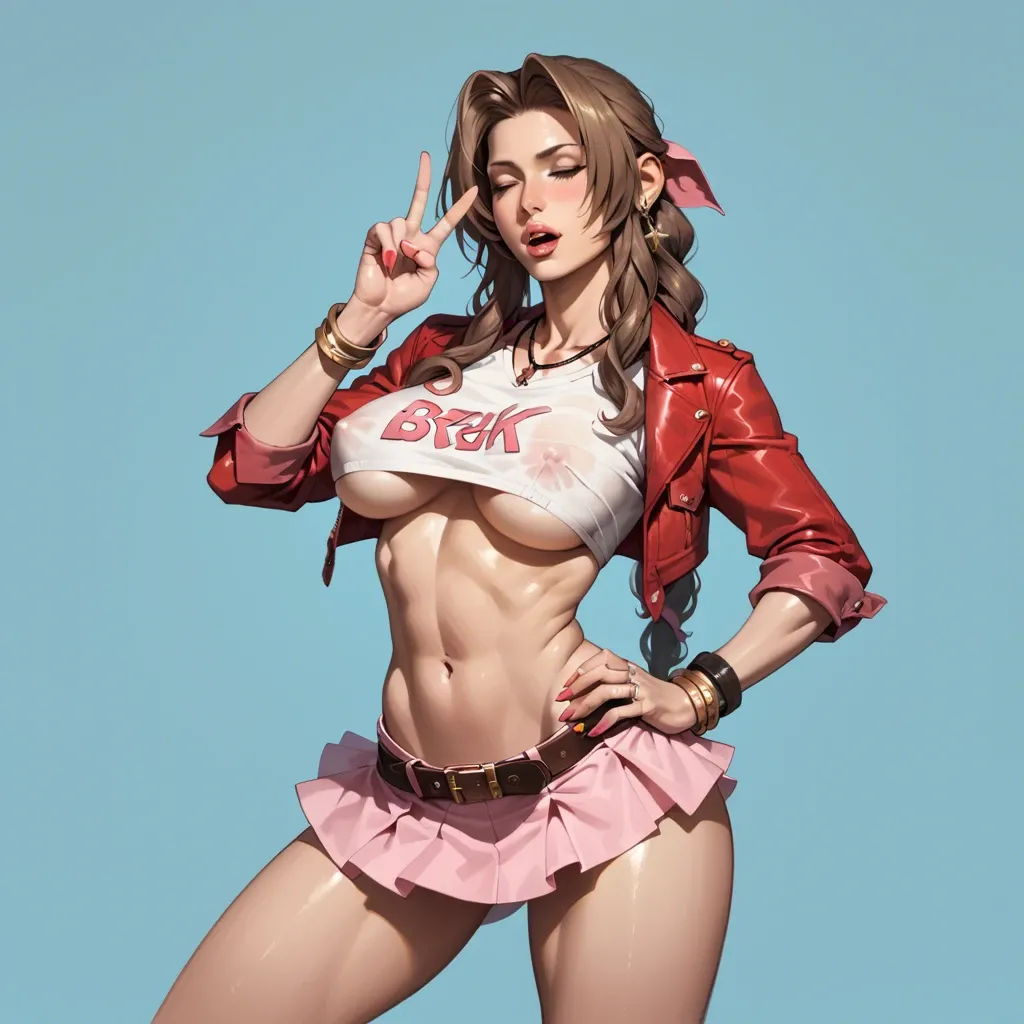 Aerith gainsborough, slutty, bimbo, underboob, microskirt, winking, peace sign