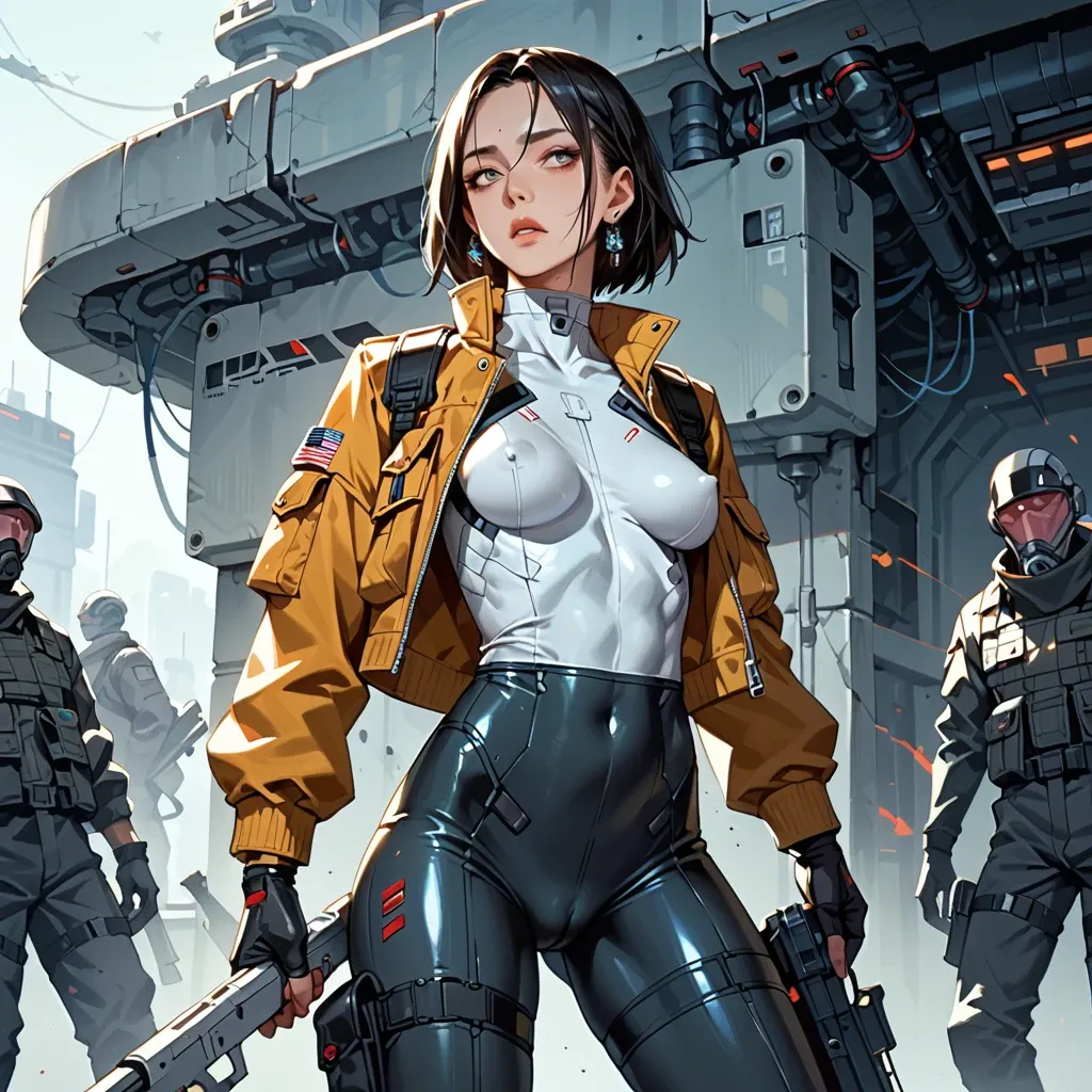 skinny chinese girl with skinny body and big tits. covered upper-body. Bodysuit. She wears futuristic clothing: futuristic cargo pants, shirt and futuristic jacket.  Futuristic spaceship. Headgears, weapon, military west