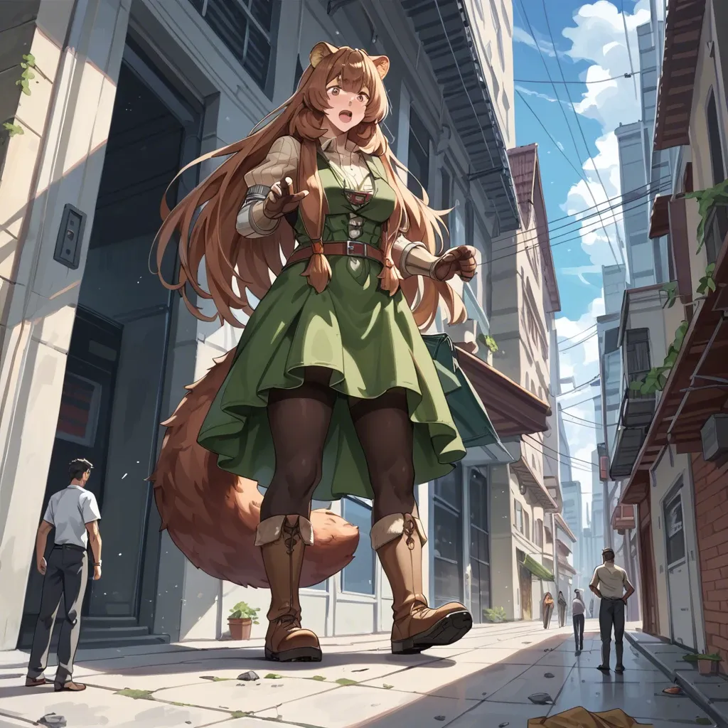 Raphtalia, giga giantess, giantess growth, growing, bigger female, larger female, room filling, unwilling growth, barely clothed, wardrobe malfunction, shocked, surprised, full body