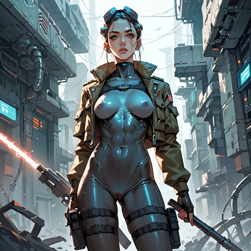 skinny chinese girl with skinny body and big tits. covered upper-body. Bodysuit. She wears futuristic clothing: futuristic cargo pants, shirt and futuristic jacket.  Futuristic spaceship. Headgears, weapon, military west